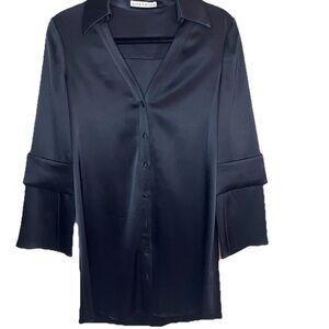 Alice + Olivia Halima Double Cuff Black Satin Button Down Shirtdress Women’s Sm